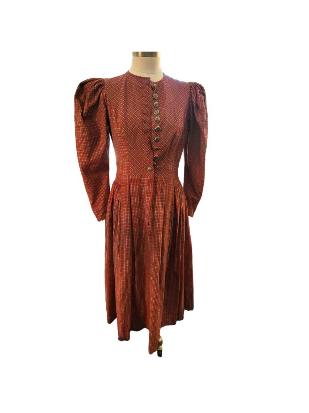 Vintage Hoefer Prarie Dress Red Green Plaid Long Sleeve Buttons Size 8 jj3615